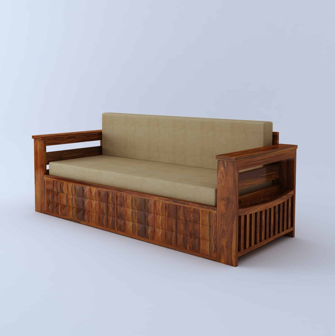 Eliana Solid Sheesham Wood 3 Seater Sofa Cum Bed With Mini Storage and Side Pockets