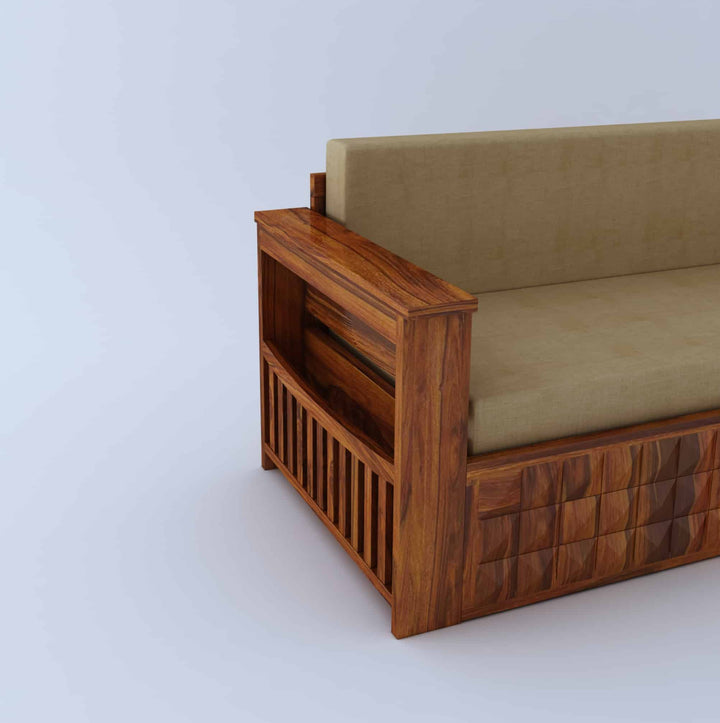 Eliana Solid Sheesham Wood 3 Seater Sofa Cum Bed With Mini Storage and Side Pockets