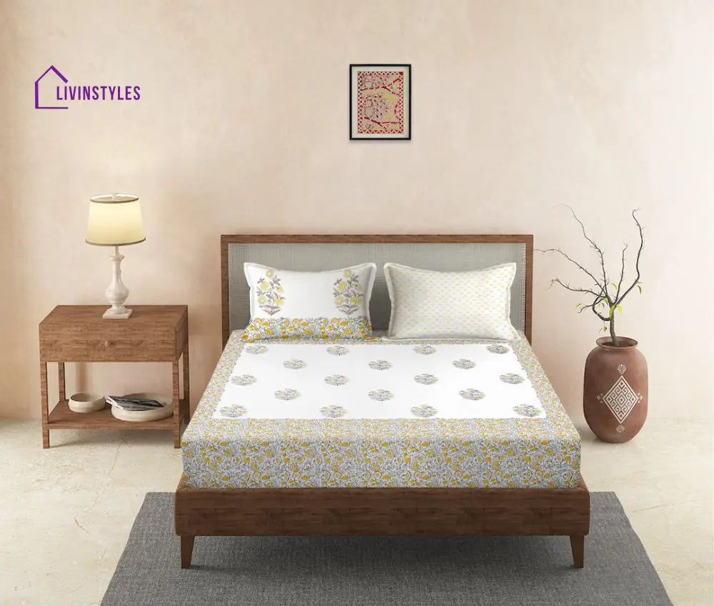 240 Tc Percale Cotton Hand Block King Bedsheet With 2 Pillow Covers Bed Sheet