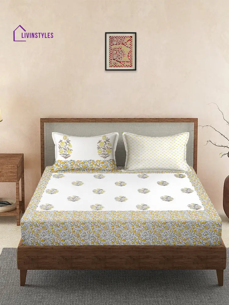 240 Tc Percale Cotton Hand Block King Bedsheet With 2 Pillow Covers Bed Sheet