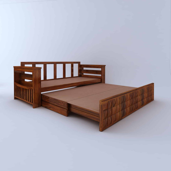 Eliana Solid Sheesham Wood 3 Seater Sofa Cum Bed With Mini Storage and Side Pockets