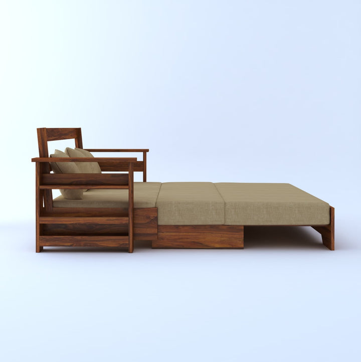 Brielle Solid Sheesham Wood 3 Seater Sofa Cum Bed With Side Pockets