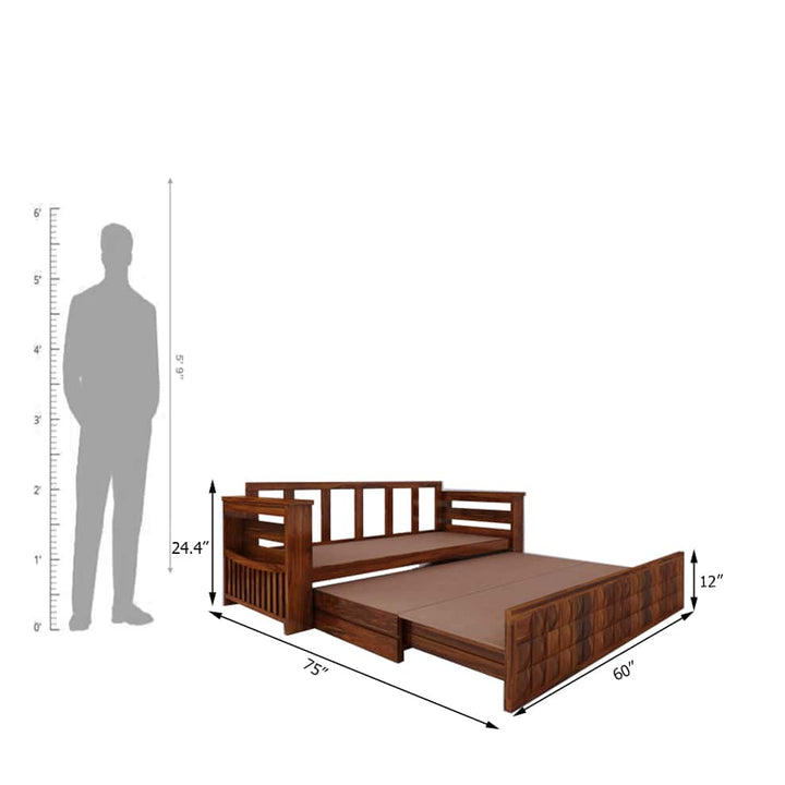 Eliana Solid Sheesham Wood 3 Seater Sofa Cum Bed With Mini Storage and Side Pockets
