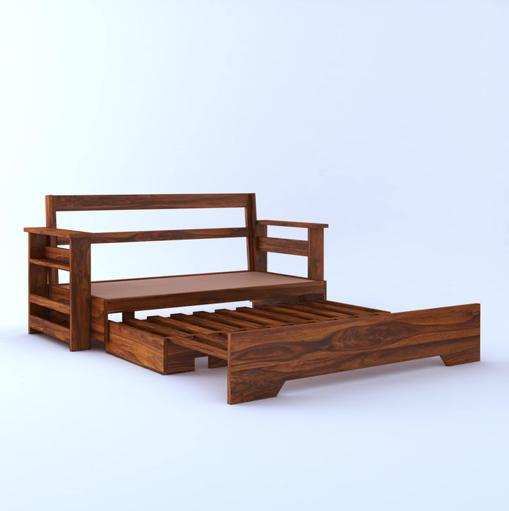 Brielle Solid Sheesham Wood 3 Seater Sofa Cum Bed With Side Pockets