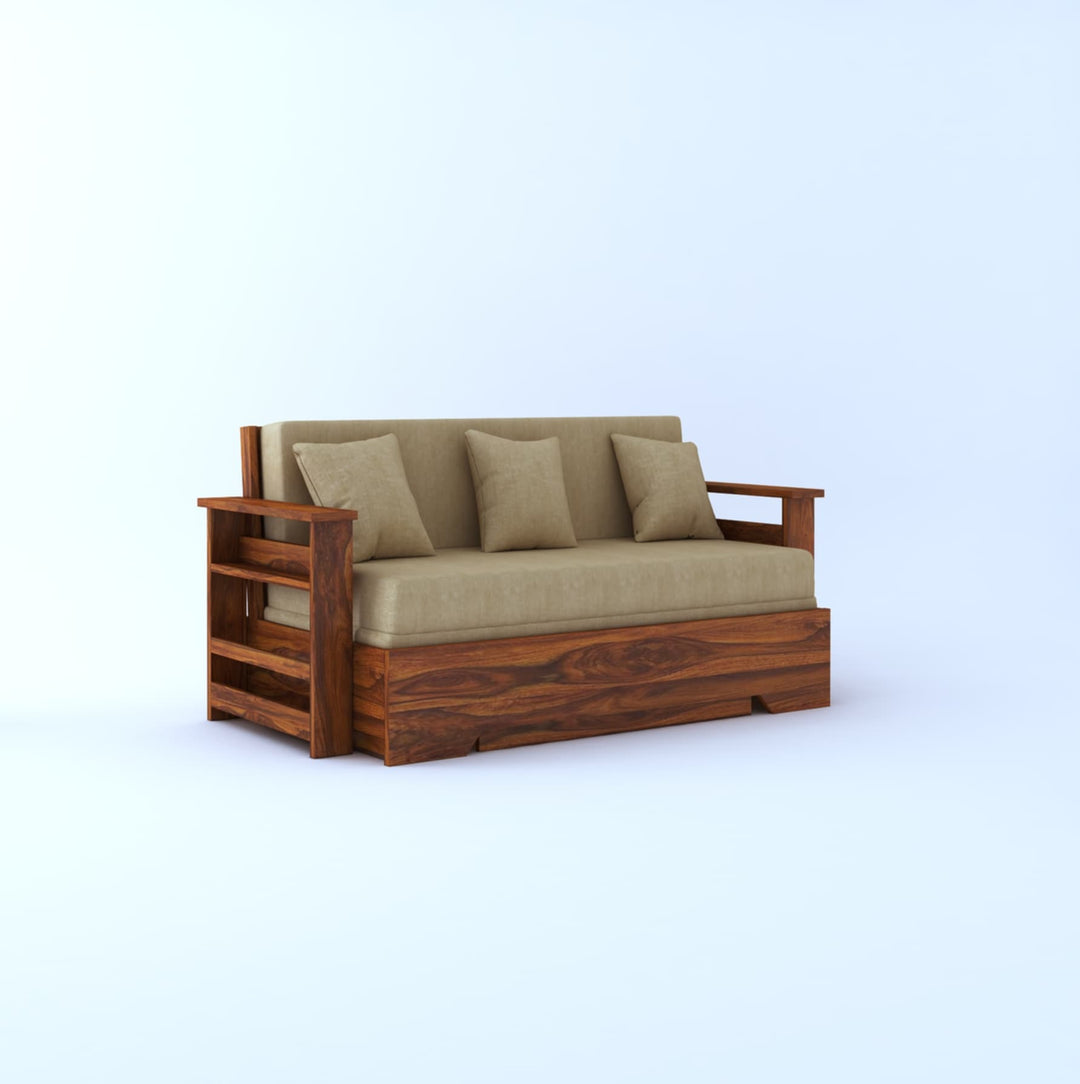Brielle Solid Sheesham Wood 3 Seater Sofa Cum Bed With Side Pockets