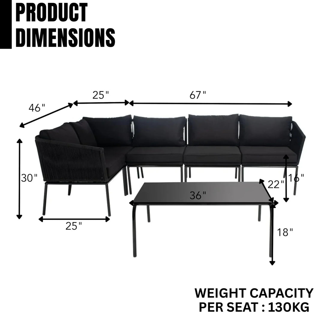 Rasha Outdoor Black Rope L-Shape All Weather Sectional Sofa Set