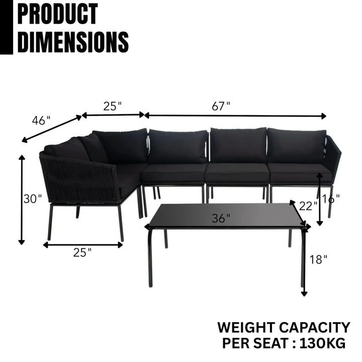 Rasha Outdoor Black Rope L-Shape All Weather Sectional Sofa Set
