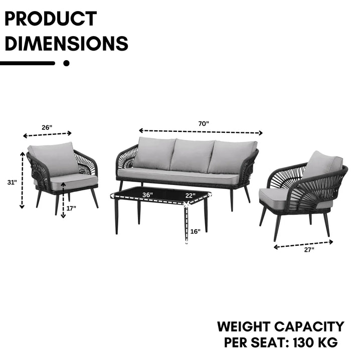 Oceana Outdoor Rope Conversation Patio Sofa Set (Black /Light Grey)