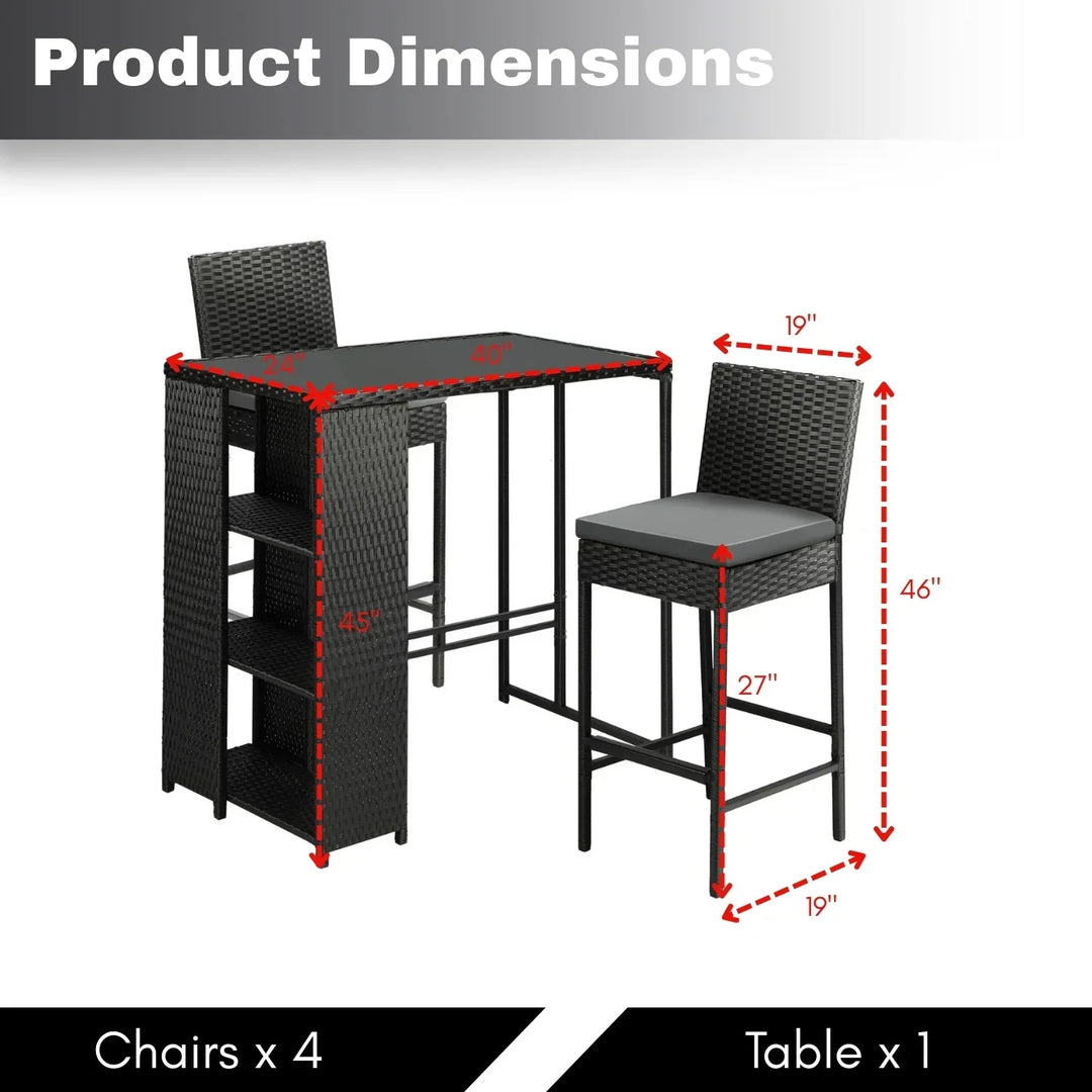 Flor 5-Piece Outdoor Rattan Wicker Bar Set with Glass Top Table
