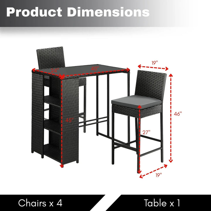 Flor 5-Piece Outdoor Rattan Wicker Bar Set with Glass Top Table