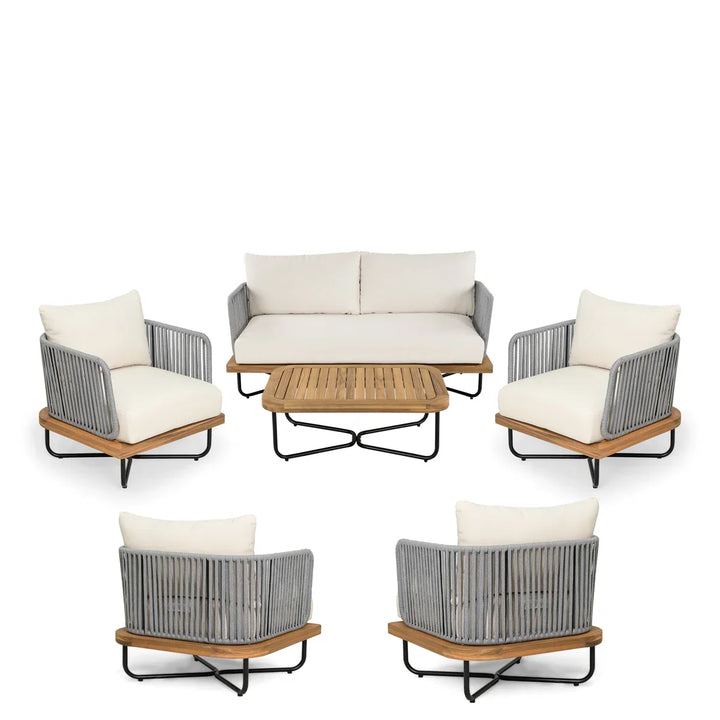 Logema Outdoor Garden Balcony Sofa Set 2 Seater,4 Single Seater With 1 Table Set, Braid & Rope (Grey + Beige)
