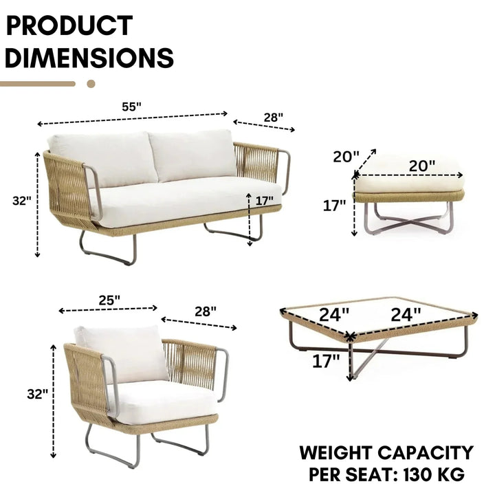 Lavika Outdoor 5pcs All-Weather Rope Sofa Set with Cushions (Beige & White)