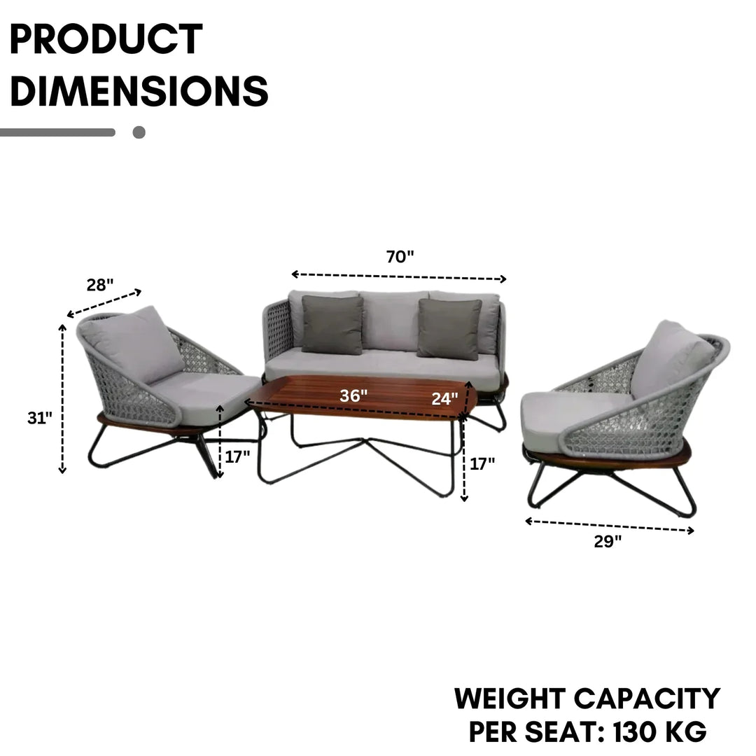 Zina Outdoor Grey Rope 4-Piece Sofa Set With Wooden Top Table