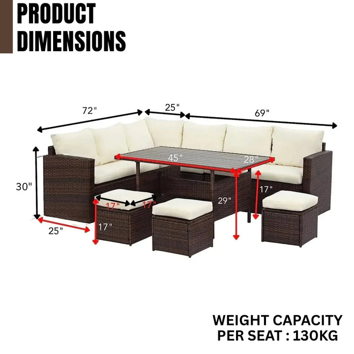 Raffaella 6-Pieces L-Shape Patio Rattan Dining Set