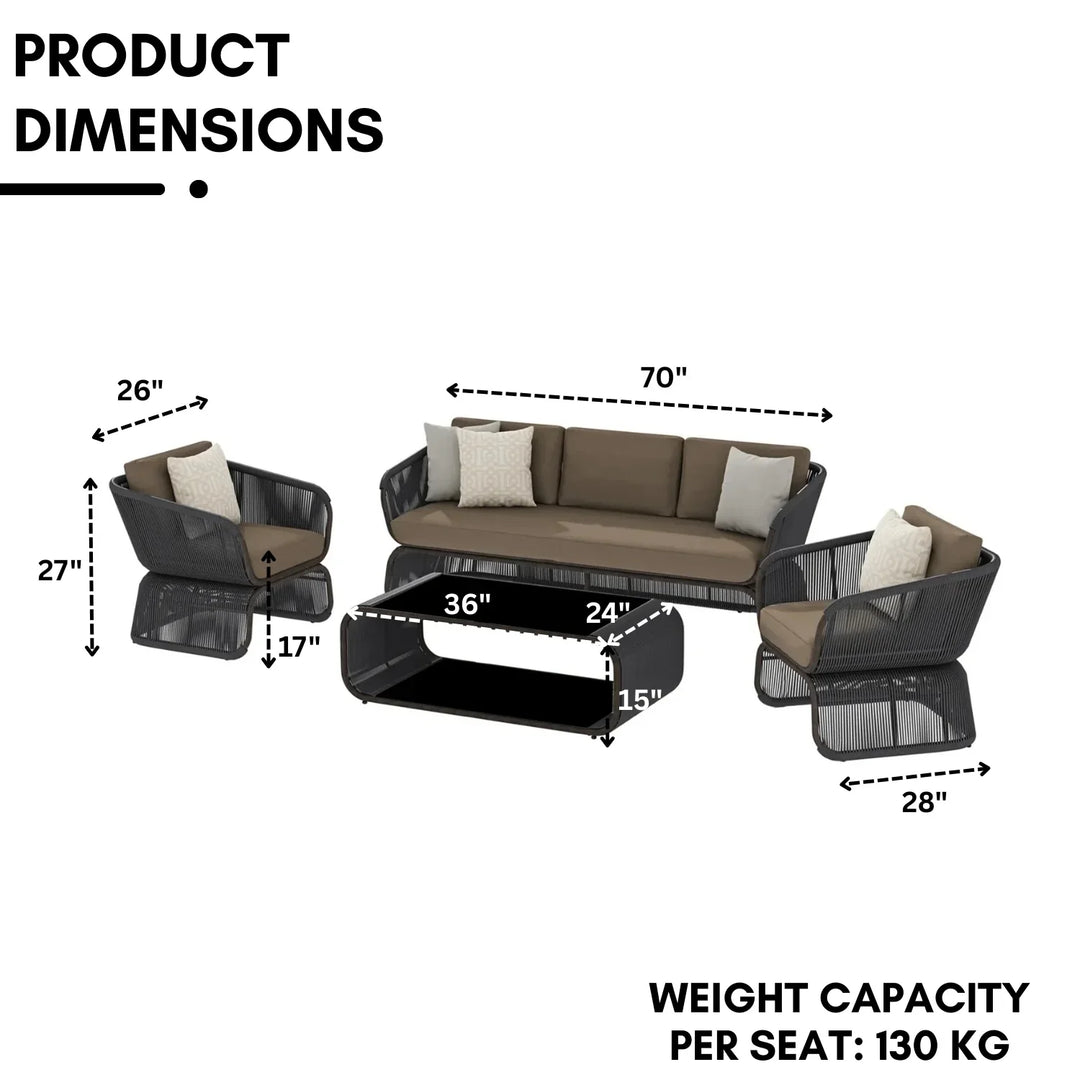 Yumna Outdoor Braided Rope Sofa Set With 2-Tier Glass Top Table