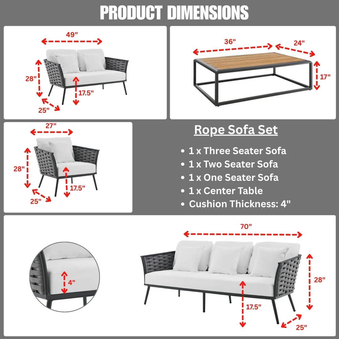 Persephone 4 Piece Outdoor Rope Sofa Set with Wooden Top Table