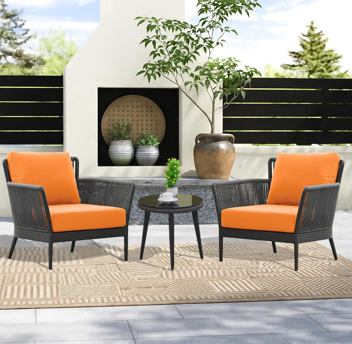 Tito Outdoor Patio Seating Set 2 Chairs and 1 Table Set (ORANGE) Braided & Rope