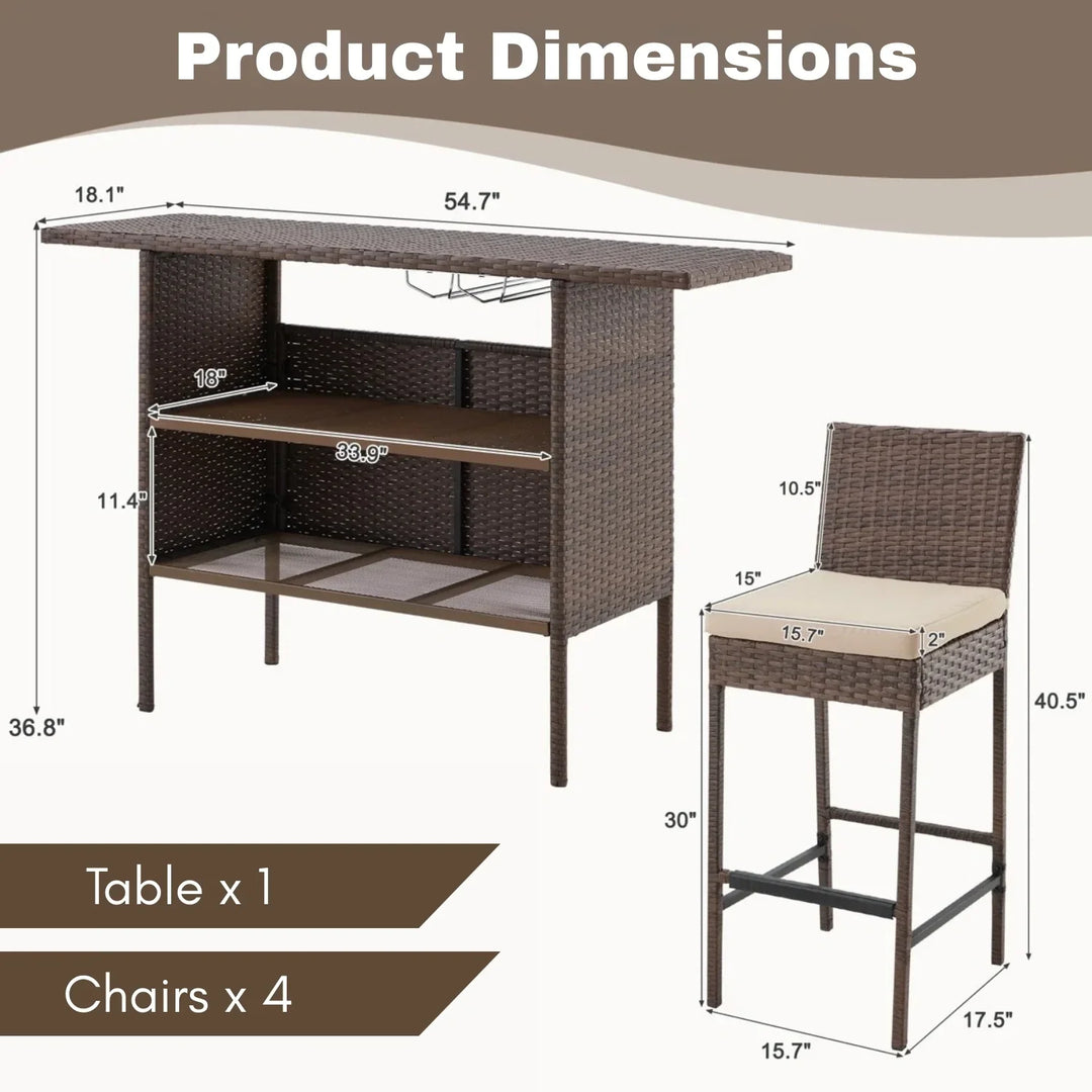 Sayaka 5-Piece Outdoor Rattan Wicker Bar Set with Wicker Top Table