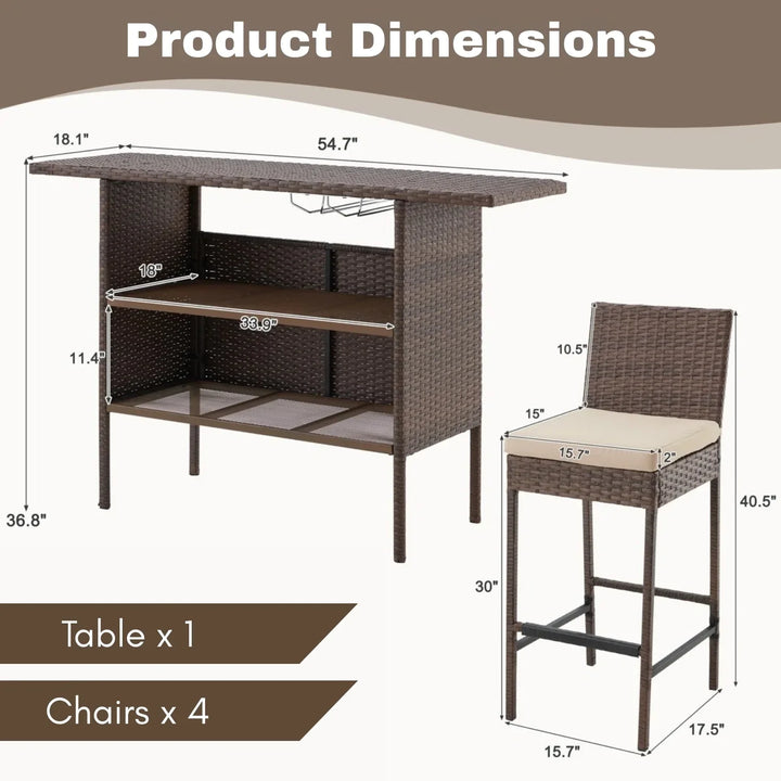 Sayaka 5-Piece Outdoor Rattan Wicker Bar Set with Wicker Top Table