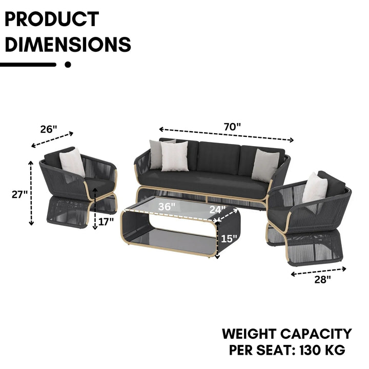 Taima Outdoor Braided Rope Sofa Set With 2-Tier Glass Top Table