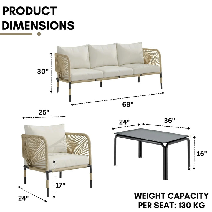Amoura Outdoor Rope 5-Seater Sofa Set With Glass Top Table