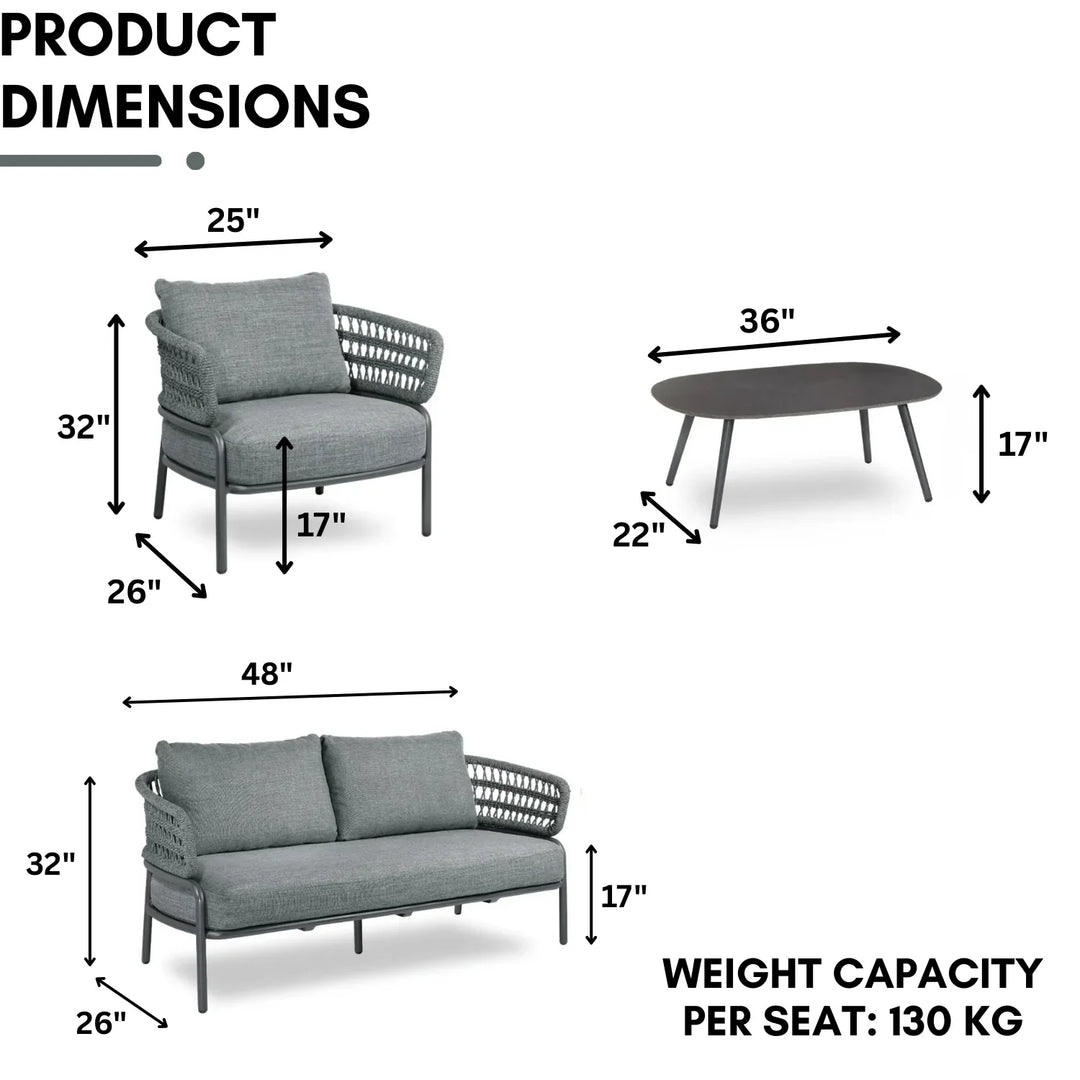 Raelynn Outdoor Rope 4-Piece Patio Sofa Set with Glass Top Table (Grey)