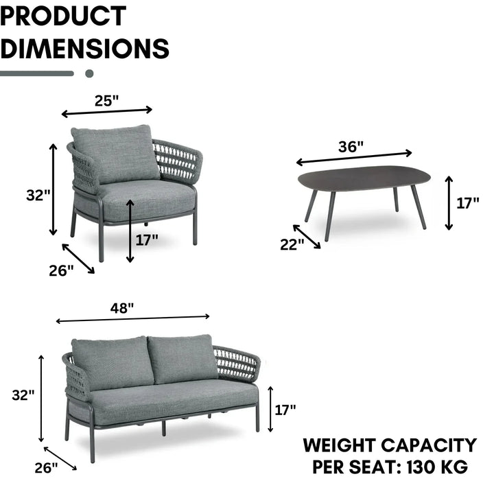 Raelynn Outdoor Rope 4-Piece Patio Sofa Set with Glass Top Table (Grey)