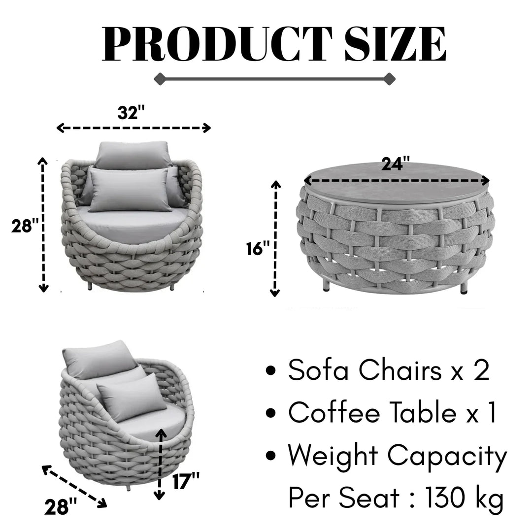 Minami Nest Shape 3-Piece Hand-Woven Rope Patio Set