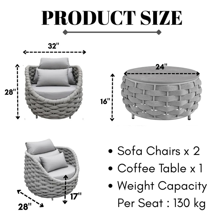 Minami Nest Shape 3-Piece Hand-Woven Rope Patio Set