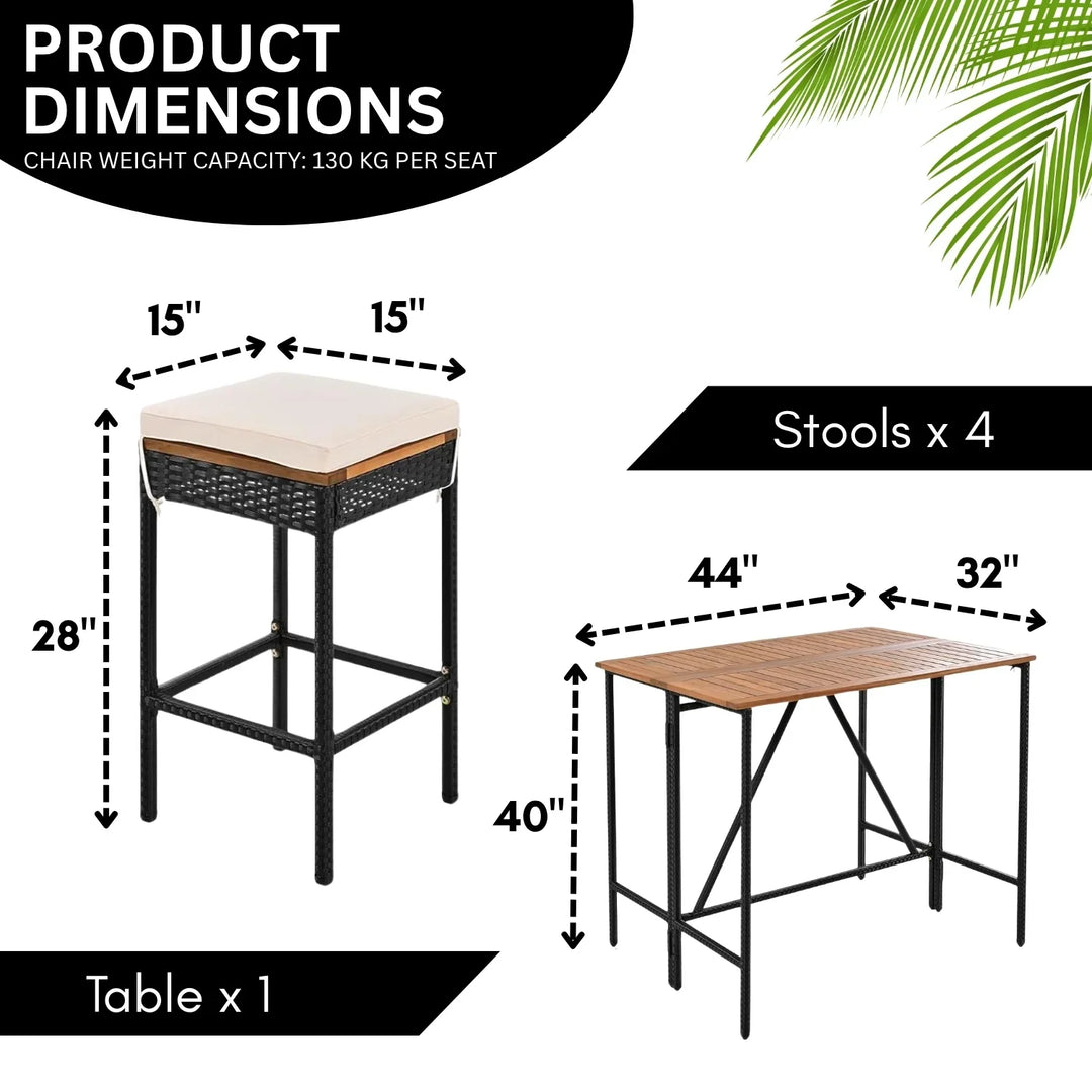 Mirabelle 5-Piece Outdoor Rattan Wicker Bar Set with Wooden Top Table