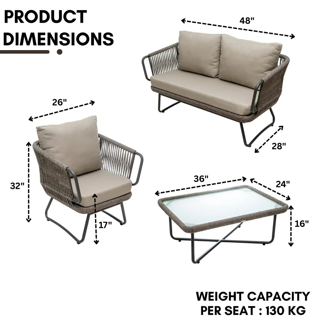 Pinon Outdoor Garden Balcony Sofa Set 2 Seater , 2 Single Seater 1 Center Table Set (Beige) Braided and Rope