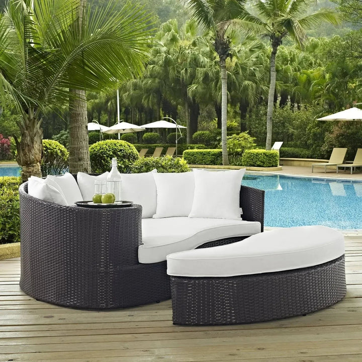 Freja Outdoor Rattan Wicker Daybed (Dark Brown & White)