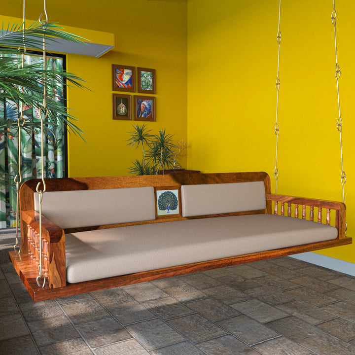 Misha Charming Cream Upholstery Seating Wooden Handmade Swing for Home