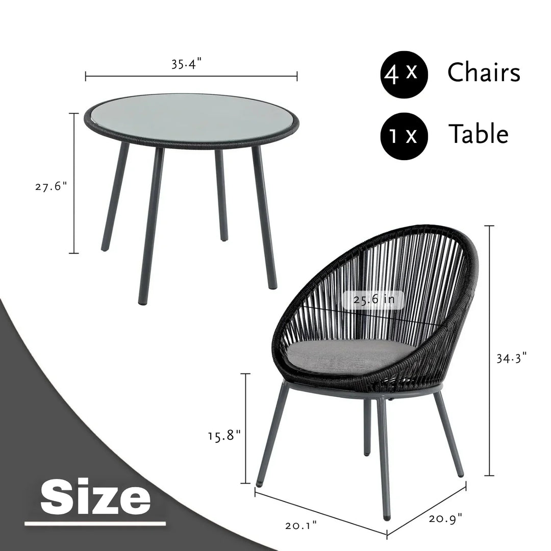 Morgan 5-Piece Outdoor Patio Dining Set with Rope Chairs & Glass Top Table