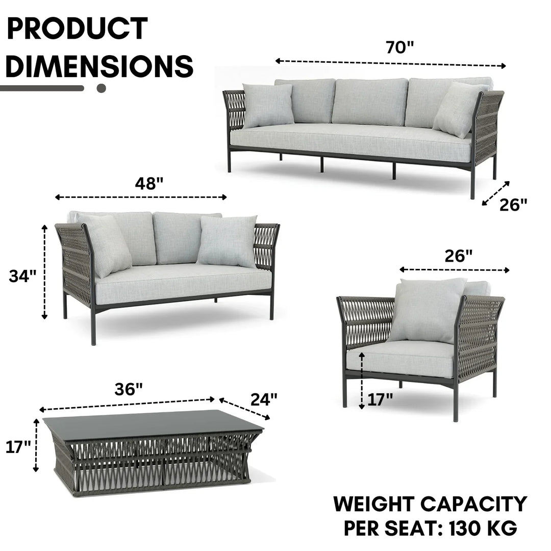 Denali Outdoor Rope 7-Seater Sofa Set With Glass Top Table