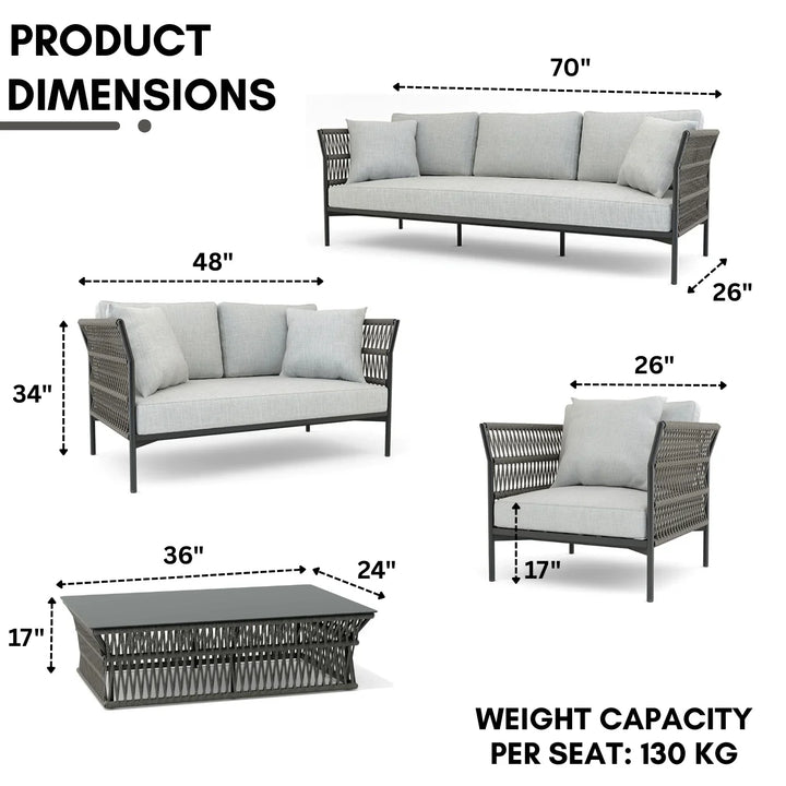 Denali Outdoor Rope 7-Seater Sofa Set With Glass Top Table