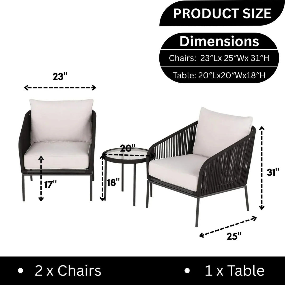 Safiya 3 Piece Outdoor Rope Bistro Set (Black & White)