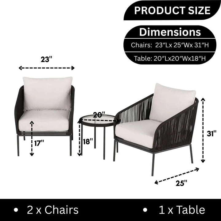Safiya 3 Piece Outdoor Rope Bistro Set (Black & White)