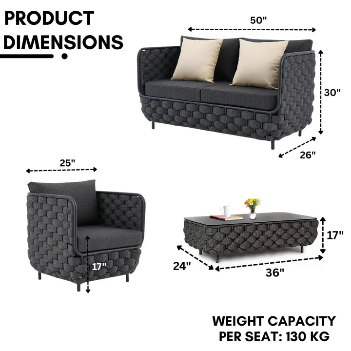 Camila 4 Piece Outdoor Rope Sofa Set with Glass Top Coffee Table (Black)