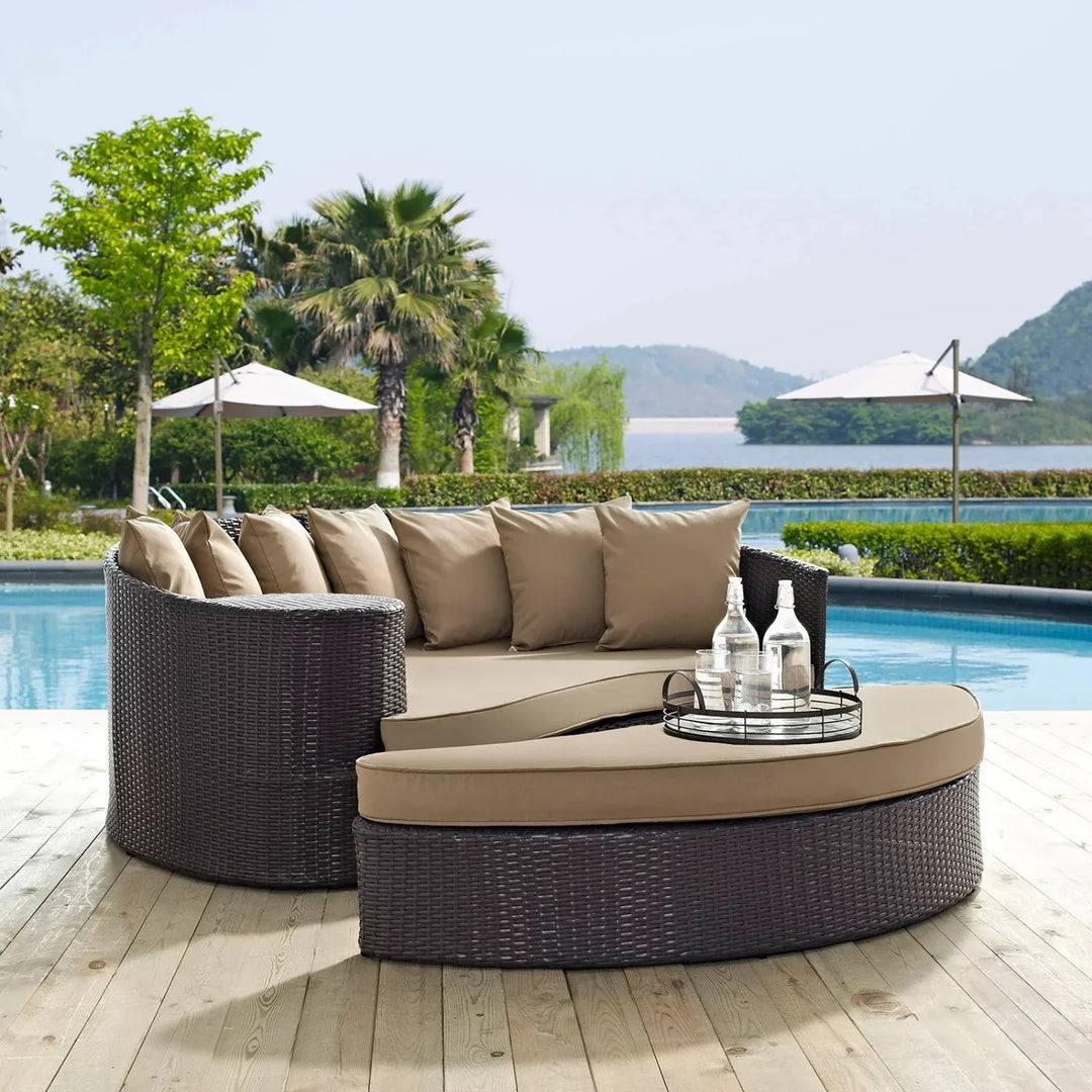 Karola Outdoor Rattan Wicker Daybed (Dark Brown & Beige)