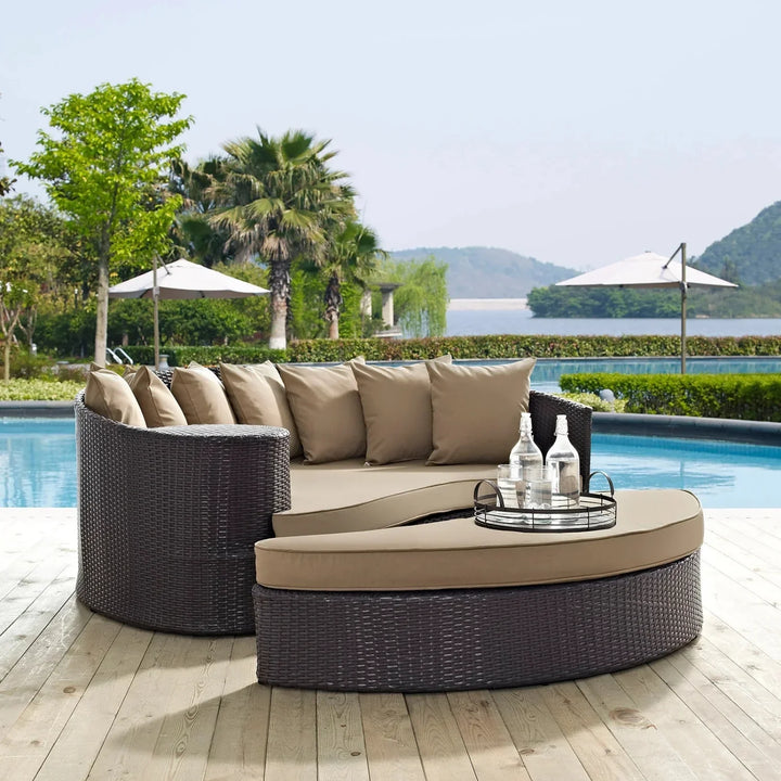 Karola Outdoor Rattan Wicker Daybed (Dark Brown & Beige)