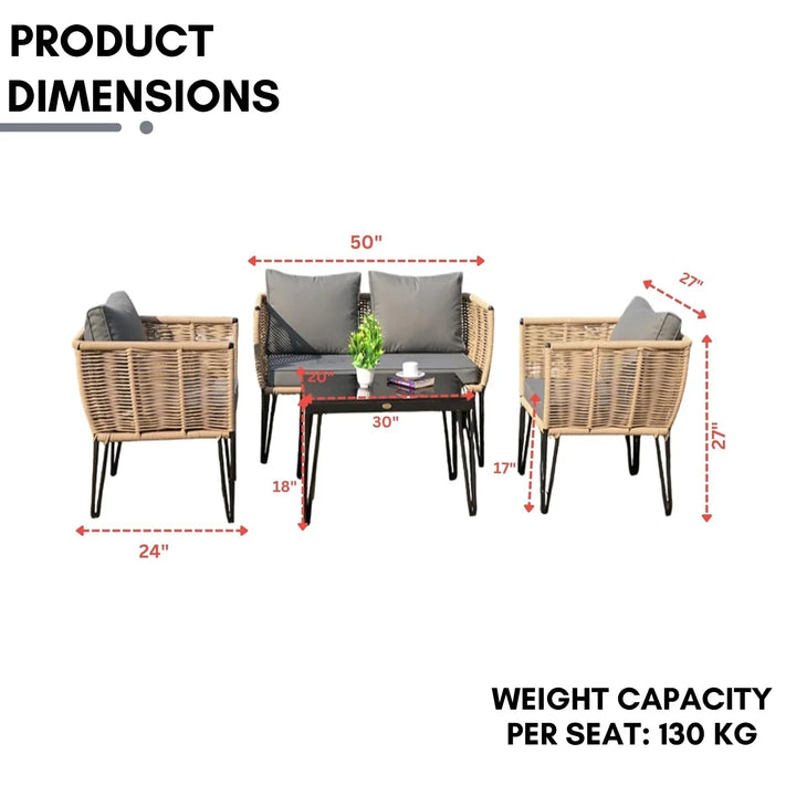 Monroe Outdoor Rope 4-Piece Patio Sofa Set with Glass Top Table (Beige & Dark Grey)