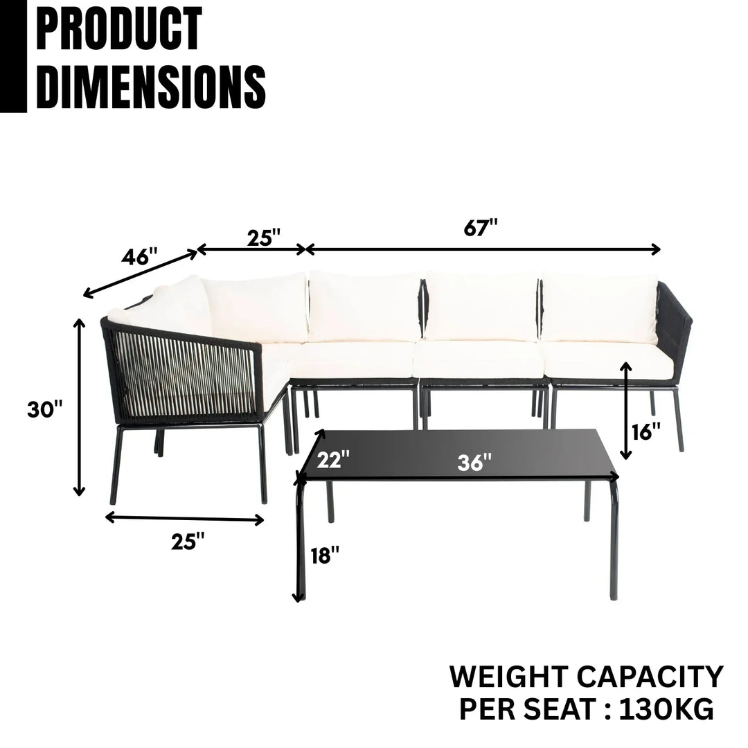 Obeida Outdoor Black Rope L-Shape All Weather Sectional Sofa Set