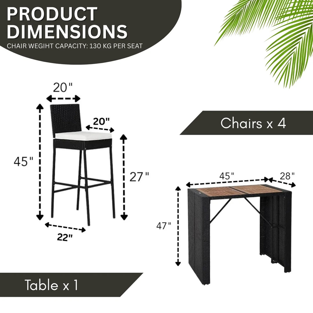 Addison 5-Piece Outdoor Rattan Wicker Bar Set with Wooden Top Table