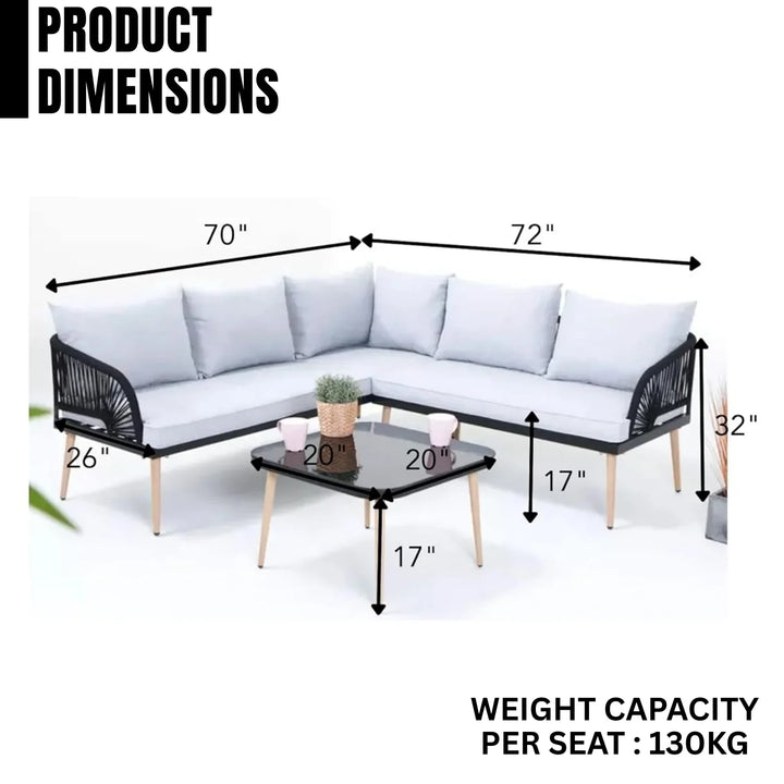 Kinsley L-Shape 5 Seater Outdoor Patio Rope Conversation Set with Table