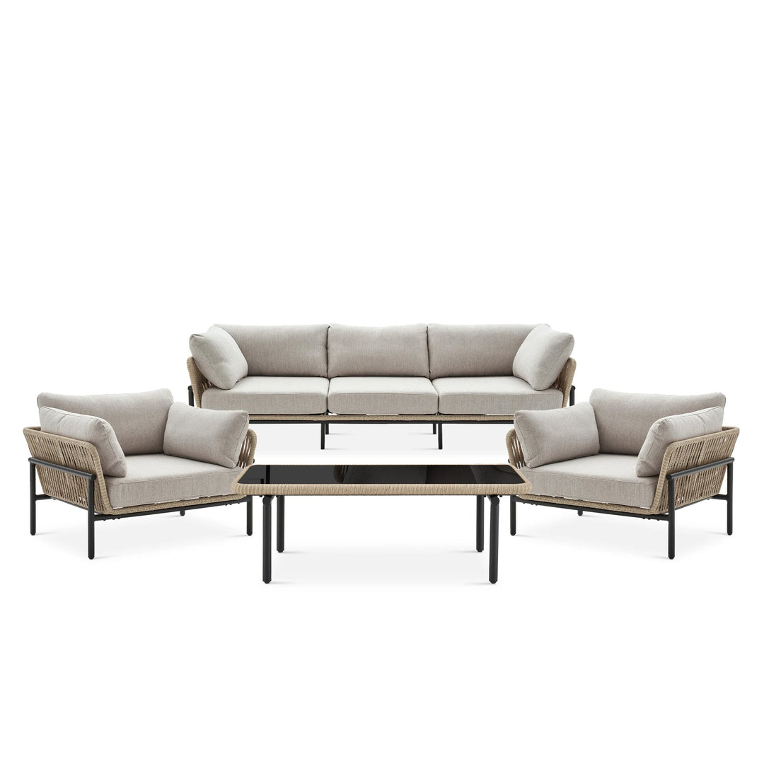 Arturo Outdoor Garden Balcony Sofa Set 3 Seater , 2 Single Seater and 1 Center Table Set Braid & Rope (Beige)