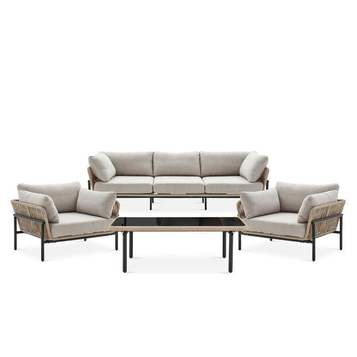 Arturo Outdoor Garden Balcony Sofa Set 3 Seater , 2 Single Seater and 1 Center Table Set Braid & Rope (Beige)