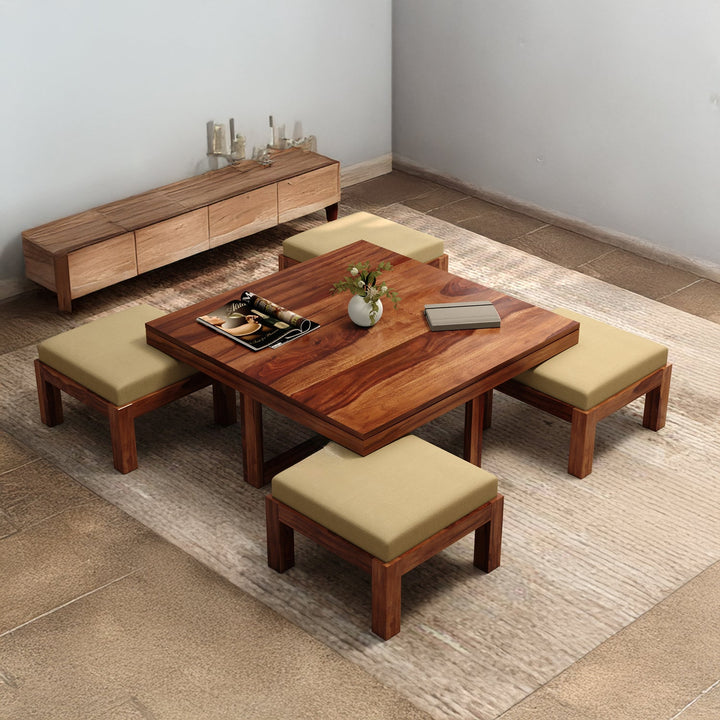 Denis Solid Wood Sheesham Coffee Table with Four Cushioned Stools