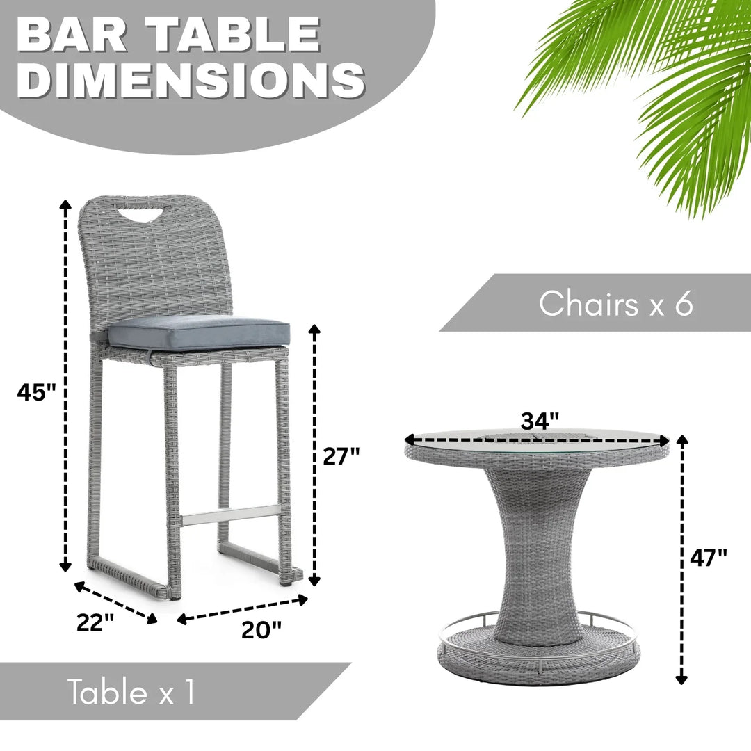 Thandi 7-Piece Outdoor Rattan Wicker Bar Set with Round Glass Top Table