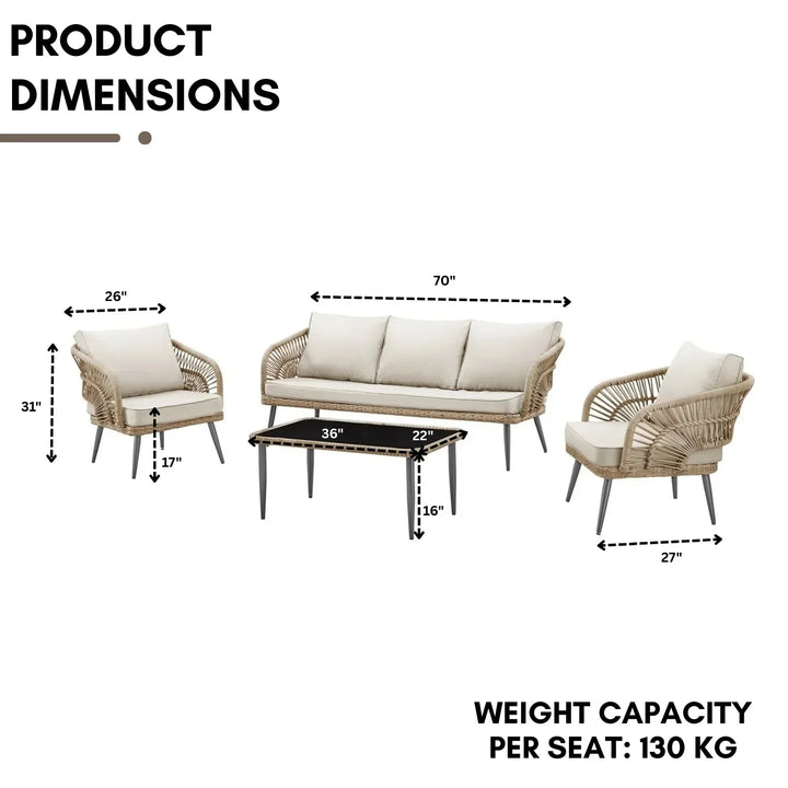 Juno Outdoor Rope Conversation Patio Sofa Set (Beige/Cream)